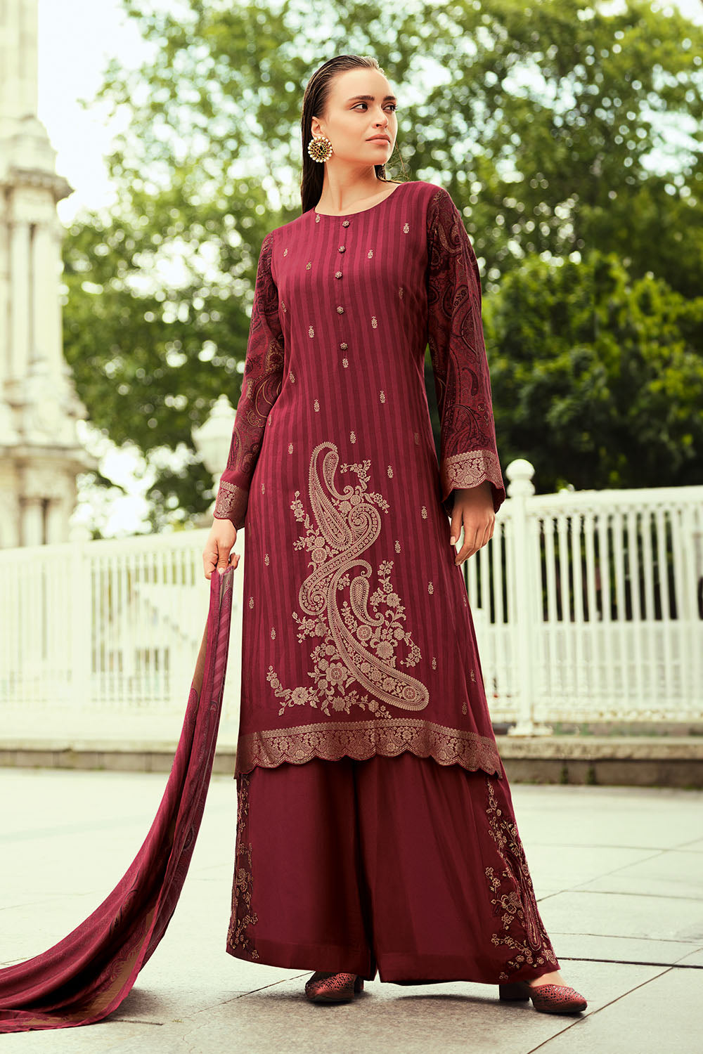 Maroon Color Silk Woven Unstitched Suit Fabric