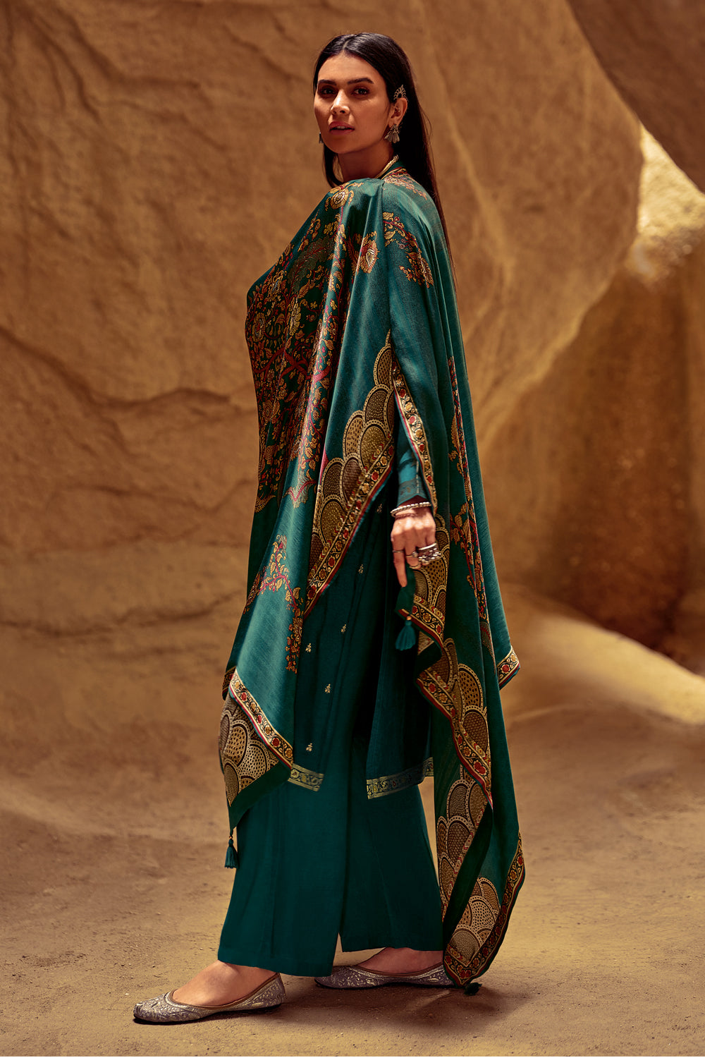 Teal Colour Silk Woven Unstitched Suit Material