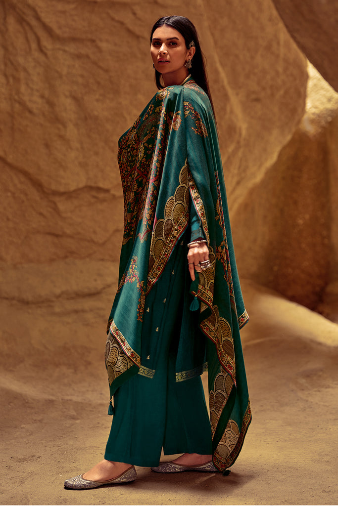 Teal Colour Silk Woven Unstitched Suit Material