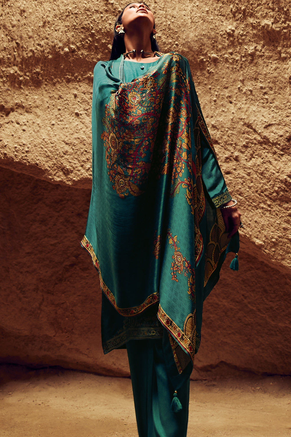 Teal Colour Silk Woven Unstitched Suit Material