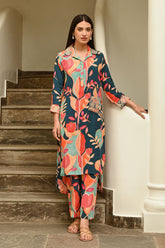 Blue Crepe Printed Co-Ord Dress