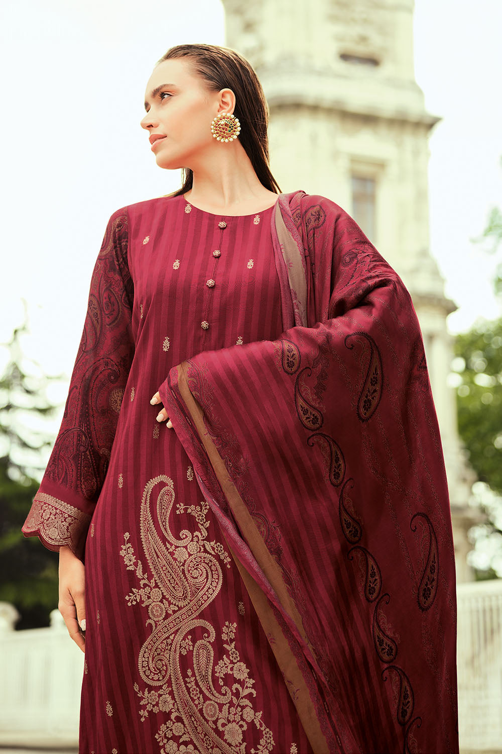 Maroon Color Silk Woven Unstitched Suit Fabric