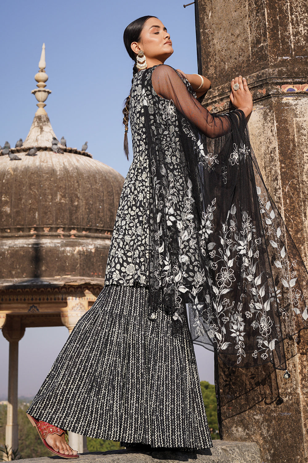 Black Color Cotton Printed Peplum Sharara Suit