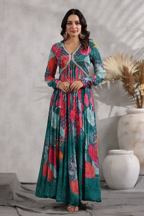 Teal Color Crepe Alia-Cut Printed Anarkali Suit