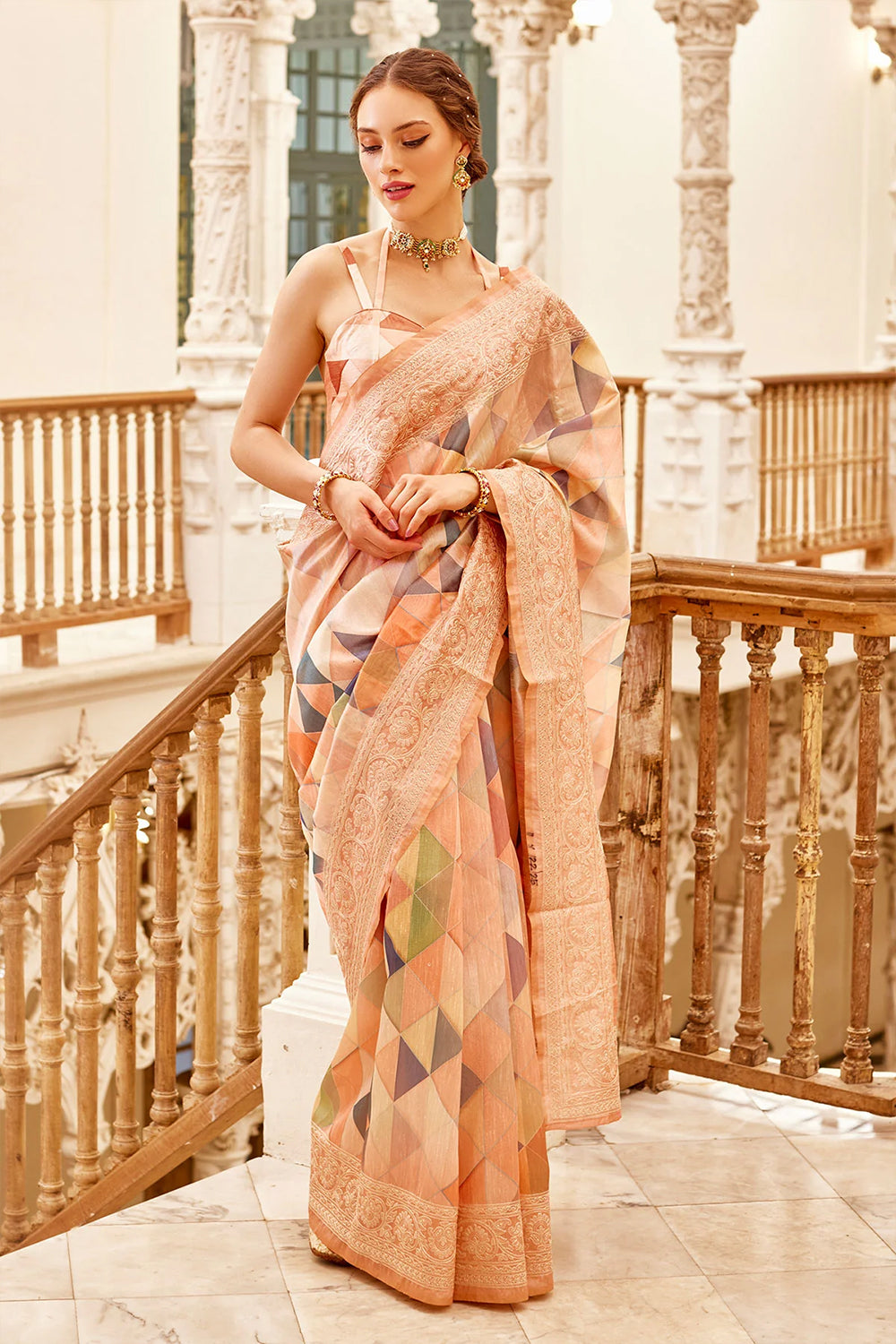 Peach Color Tussar Silk Printed Saree