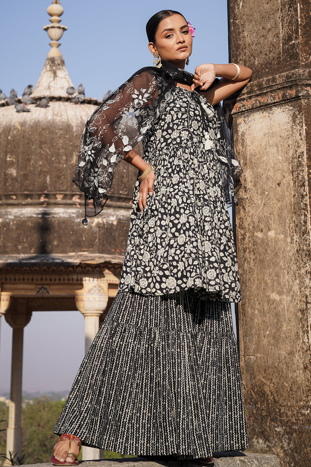 Black Color Cotton Printed Peplum Sharara Suit