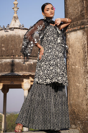 Black Color Cotton Printed Peplum Sharara Suit