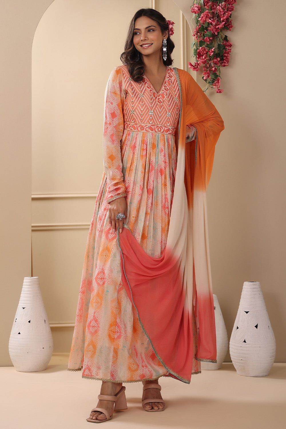 Orange Color Printed Anarkali Kurti With Duapatta