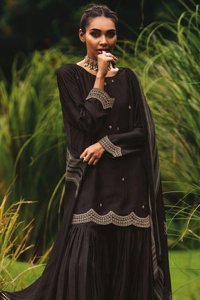 Black Color Embroidered Silk Unstitched Suit Material