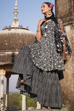 Black Color Cotton Printed Peplum Sharara Suit