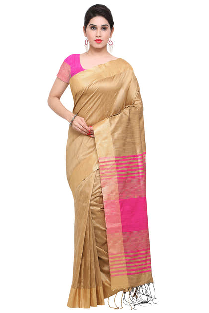 Beige & Pink Colour Silk  Woven Saree