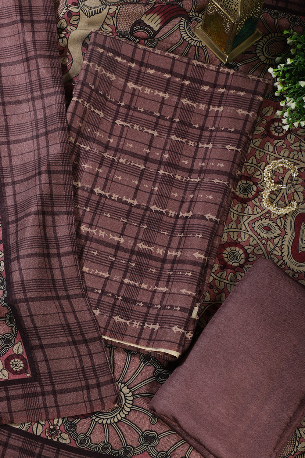 Wine Printed Spun Unstitched Suit Fabric