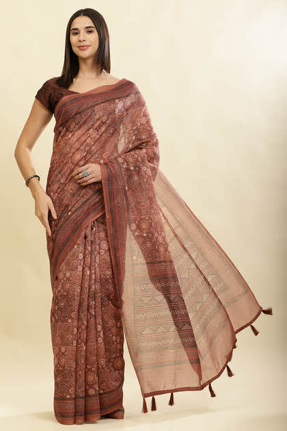 Brown Cotton Silk Printed Saree
