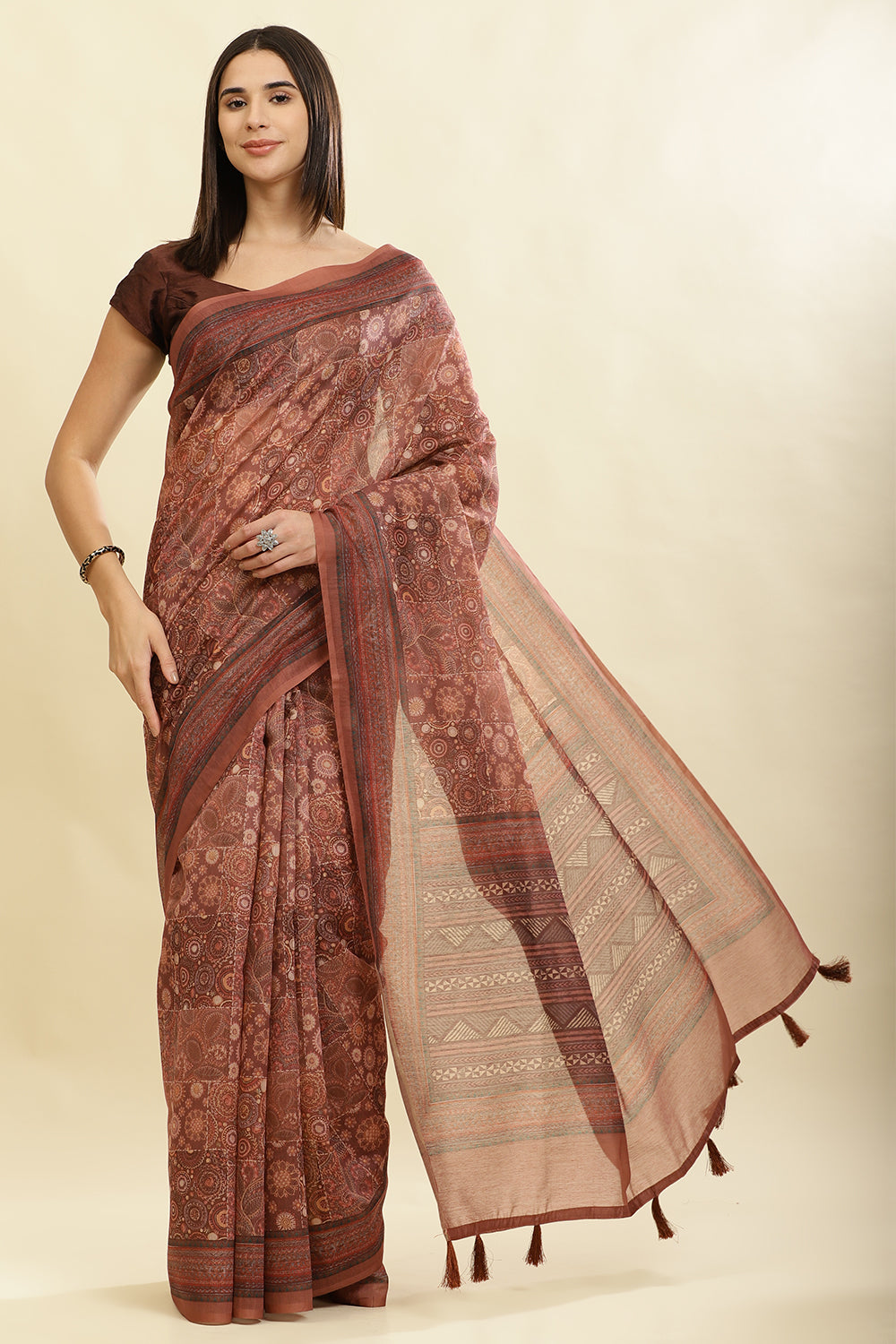 Brown Cotton Silk Printed Saree