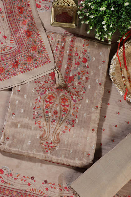 Beige Zari Woven And Printed Silk Unstitched Suit Material