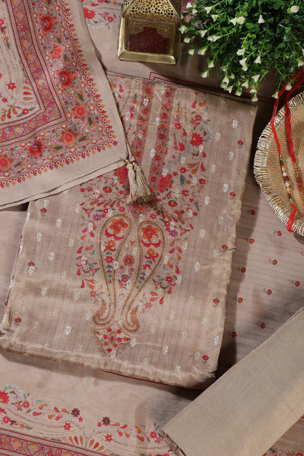 Beige Zari Woven And Printed Silk Unstitched Suit Material
