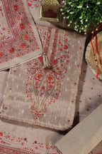 Beige Zari Woven And Printed Silk Unstitched Suit Material