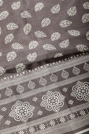 Grey Color Block Printed Cotton Silk Saree