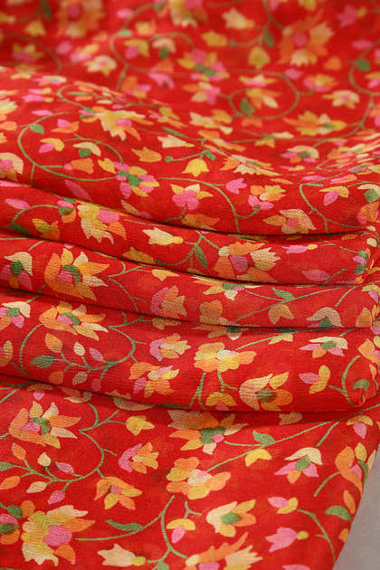 Red Color Chiffon Floral Zari Border Printed Saree