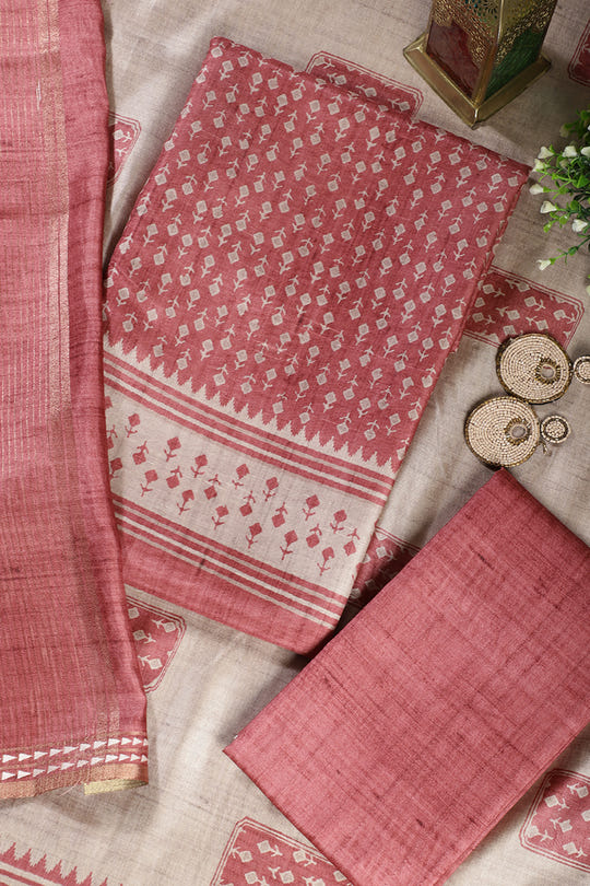 Light Maroon Tussar Cotton Printed Unstiched Suit Material
