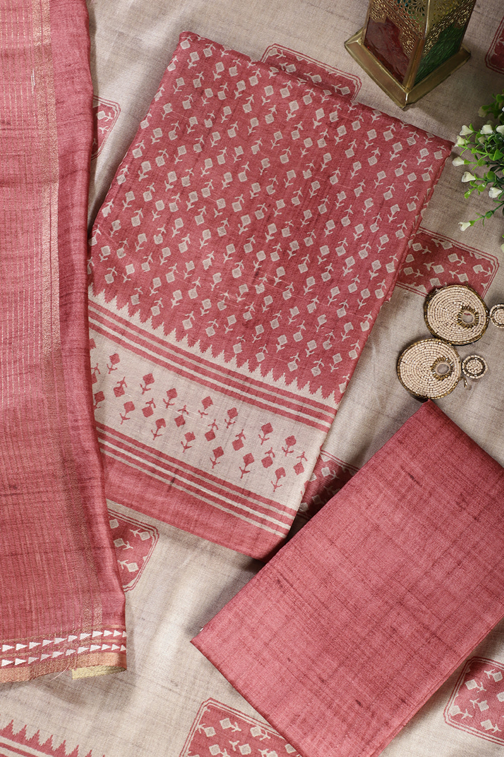 Light Maroon Tussar Cotton Printed Unstiched Suit Material