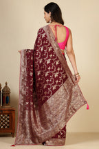 Dark Scarlet Banarasi Silk Zari Floral Zaal Woven Saree
