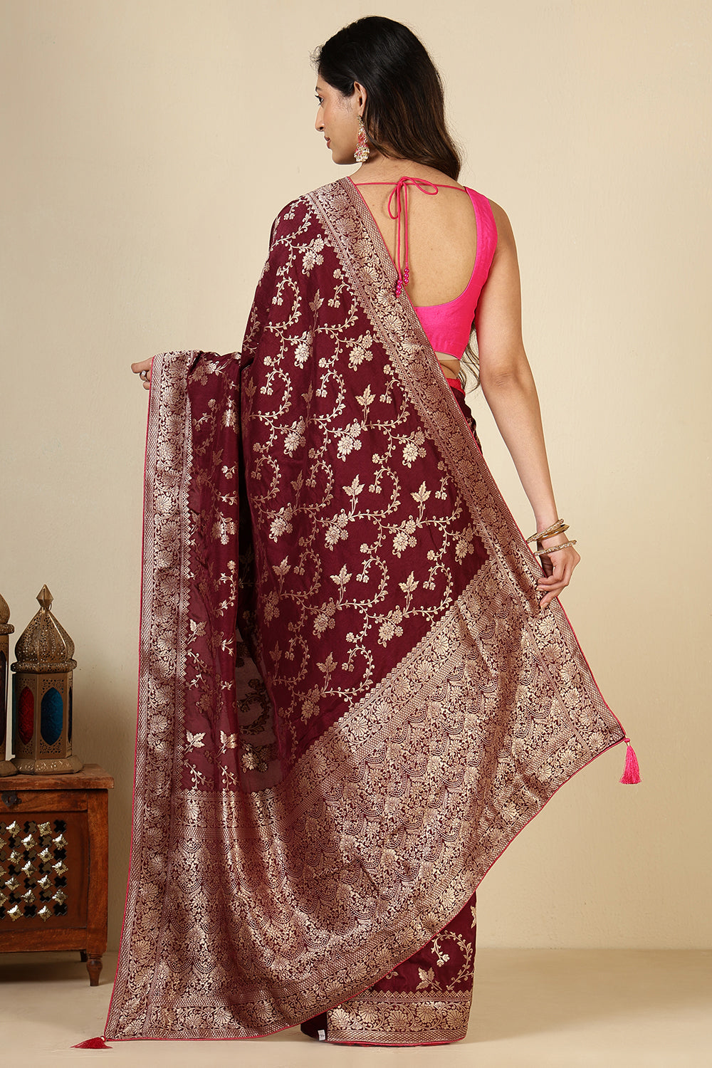 Dark Scarlet Banarasi Silk Zari Floral Zaal Woven Saree