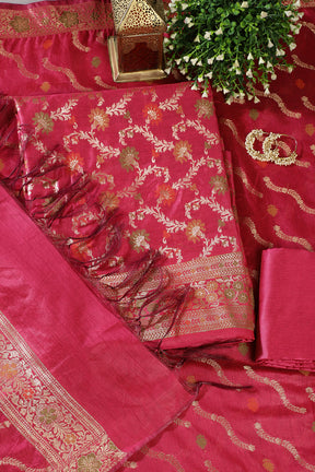 Fuchisa Coral Chanderi Silk Resham And Zari Woven Unstitched Suit Material