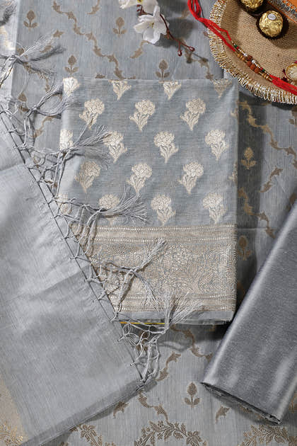 Grey Silk Zari Woven Unstitched Suit Material