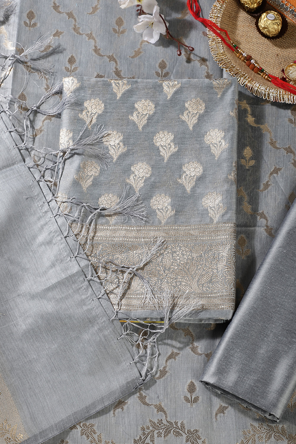 Grey Silk Zari Woven Unstitched Suit Material