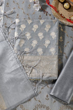 Grey Silk Zari Woven Unstitched Suit Material