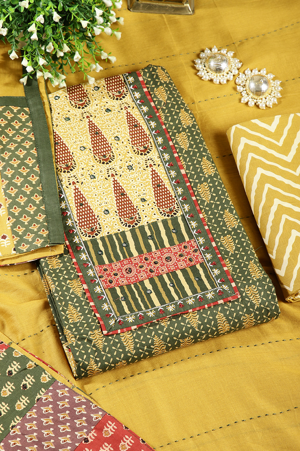 Green & Mustard Color Twill Cotton Printed Unstitched Suit Material