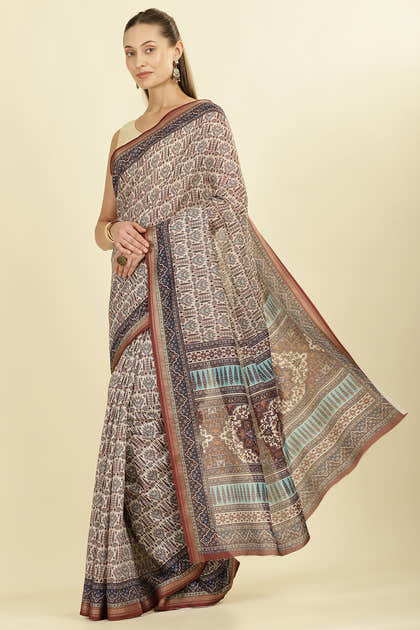 Brown Ajrakh Block Printed Cotton Saree