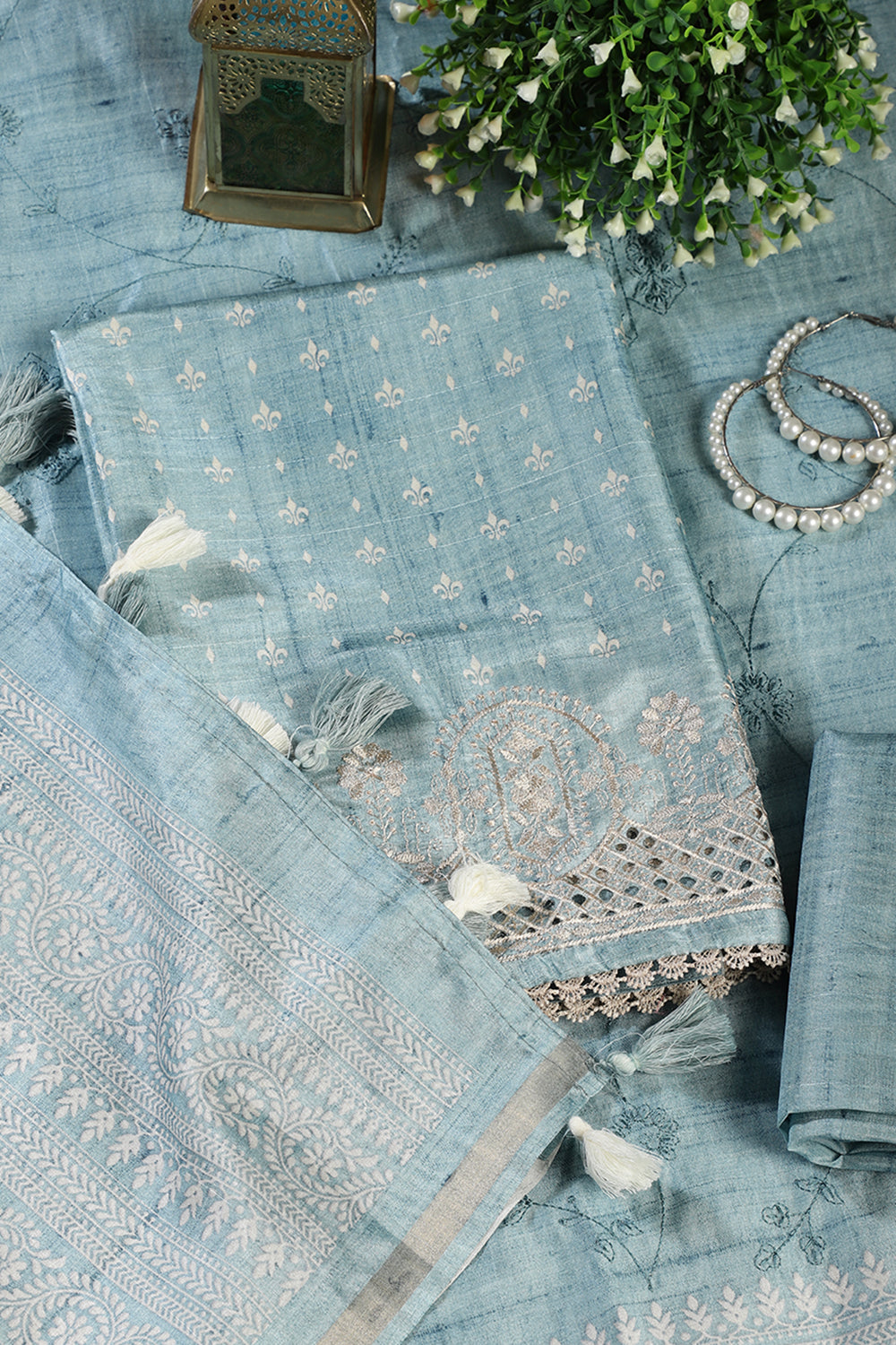 Turquoise Tussar Cotton Printed And Reham Embroidered Unstiched Suit Material