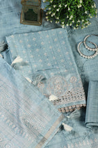 Turquoise Tussar Cotton Printed And Reham Embroidered Unstiched Suit Material