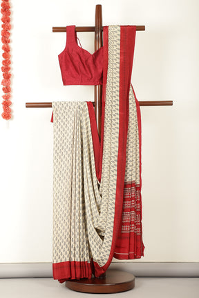 Beige & Red Crepe Printed Saree