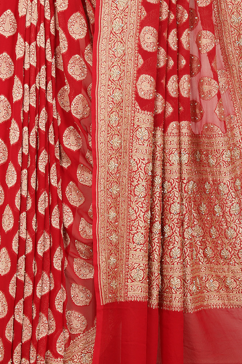 Red Pure Khaddi Georgette Banarasi Saree with Zardozi Handwork