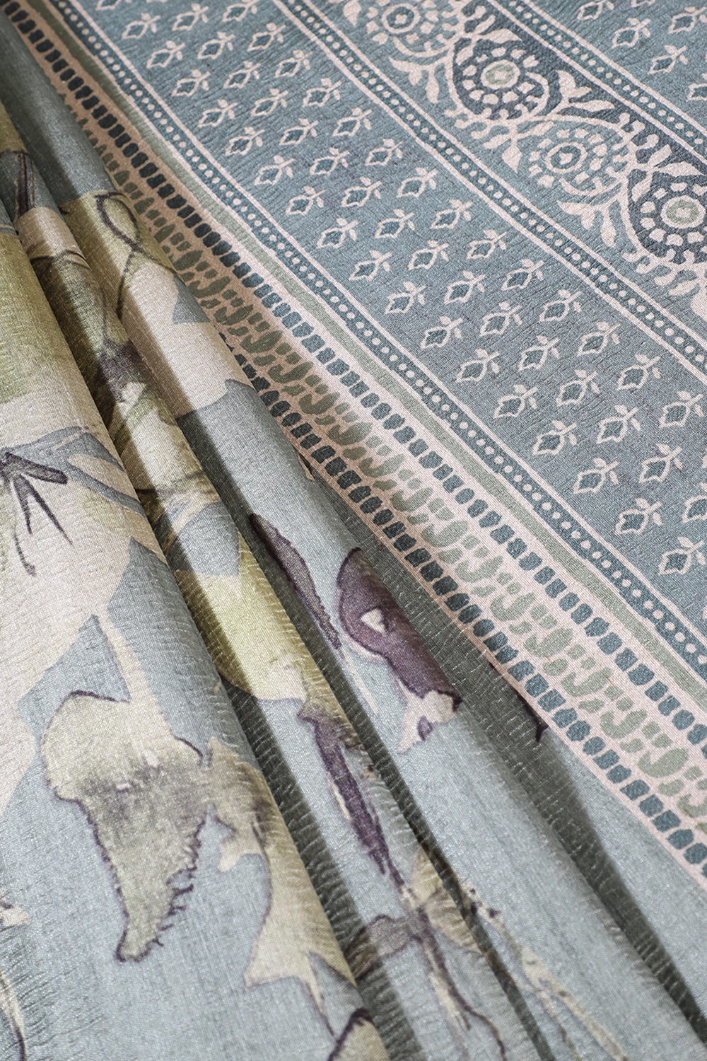 Sea Green Floral Printed Tussar Silk Saree