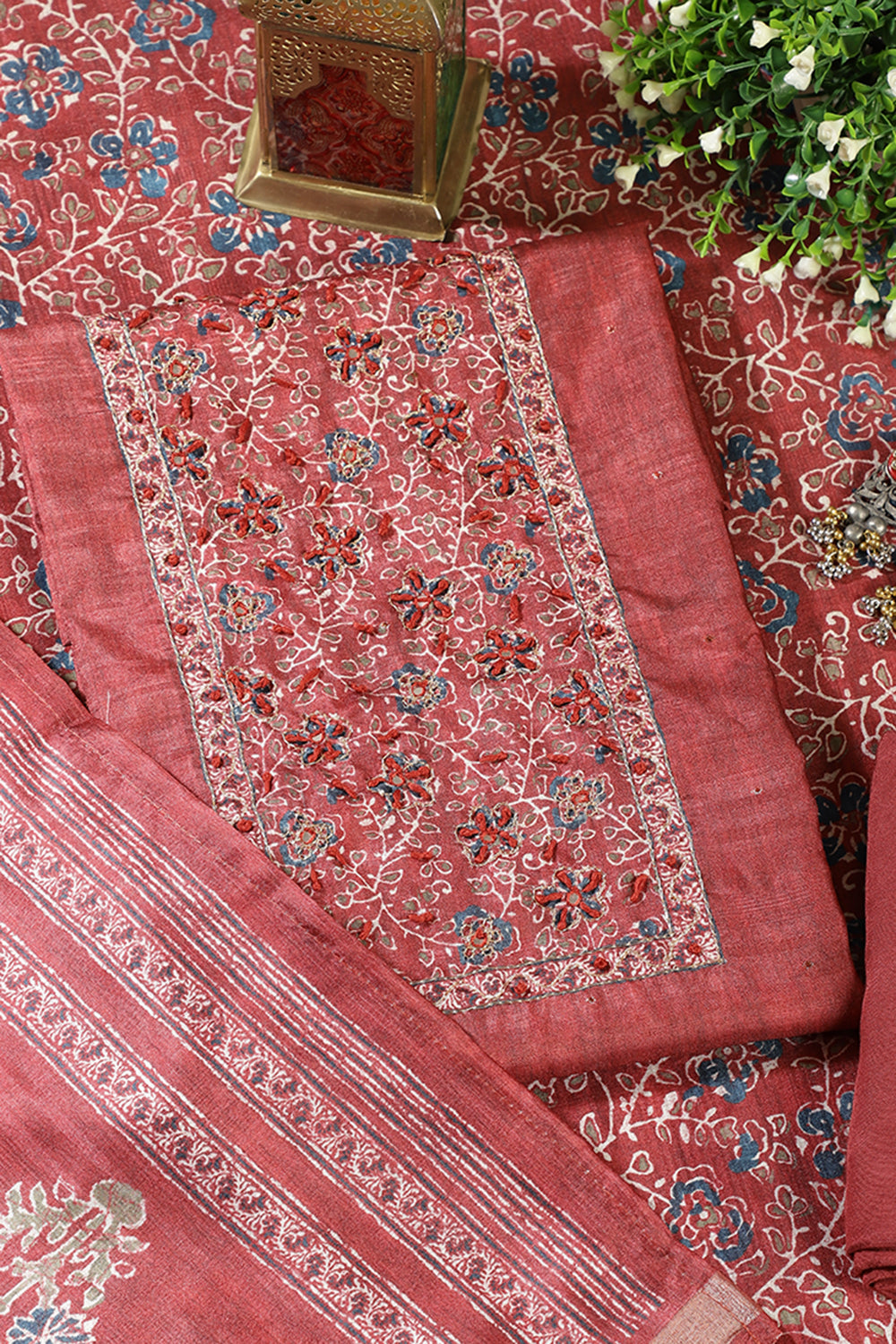 Maroon Chanderi Silk Mirror & Resham worked Unstitched Suit