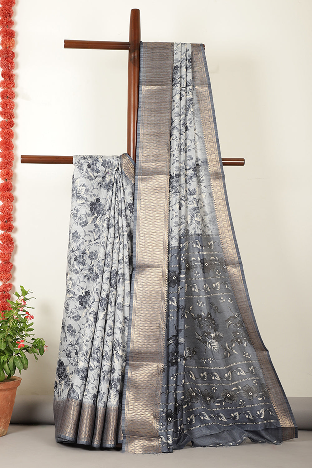 Grey Floral Printed Cotton Silk Saree