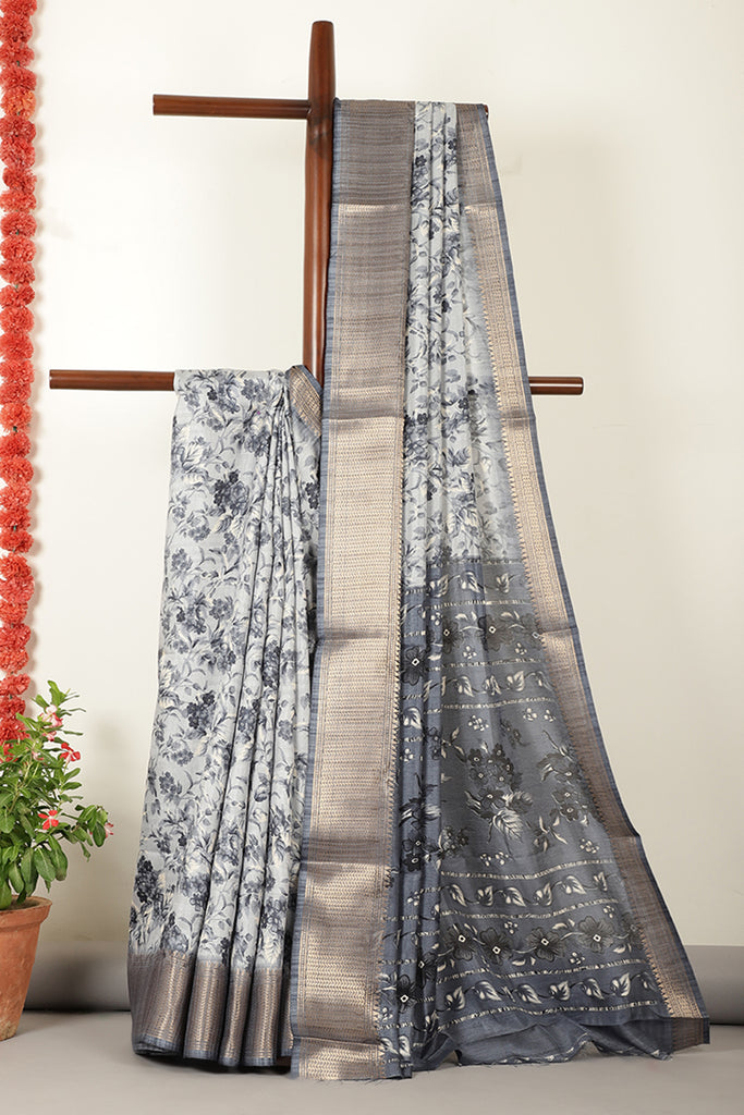 Grey Floral Printed Cotton Silk Saree