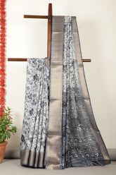 Grey Floral Printed Cotton Silk Saree