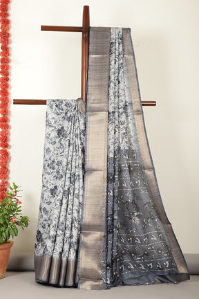 Grey Floral Printed Cotton Silk Saree