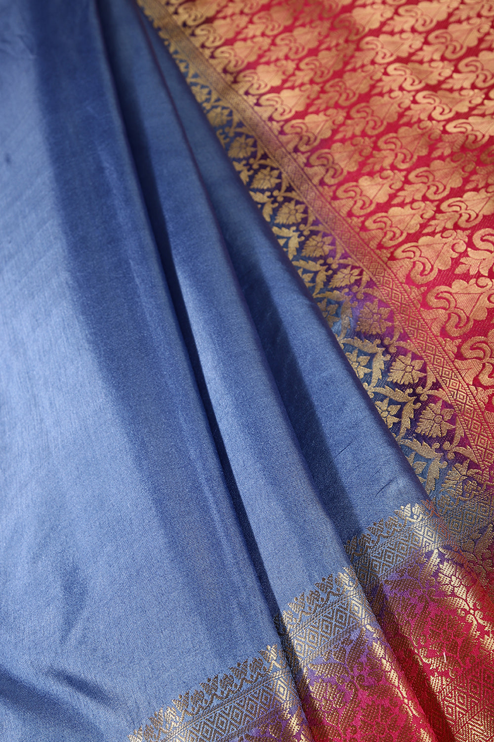 Dusky Blue & Red Ombré  Silk Zari Woven Saree