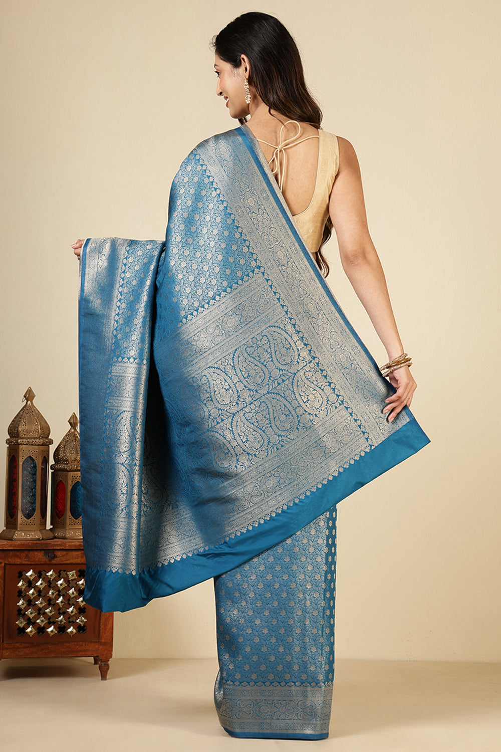 Pecific Blue Floral Zaal Woven Soft Silk Saree