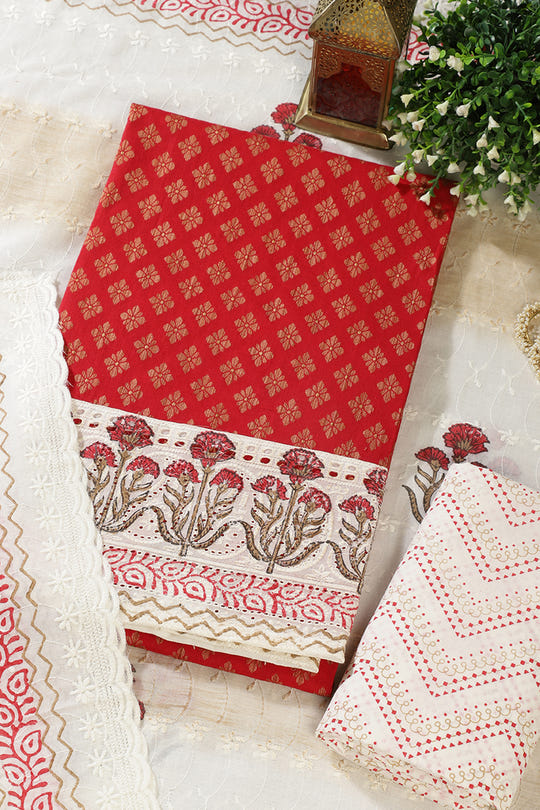 Red Cotton Woven And Lace Work Unstitched Suit Material