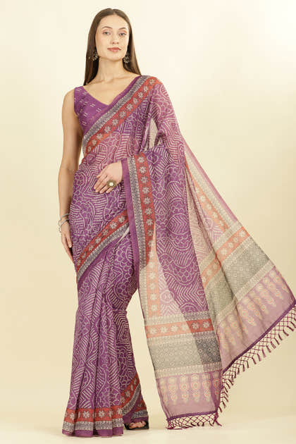 Purple Bandhani Printed Cotton Saree
