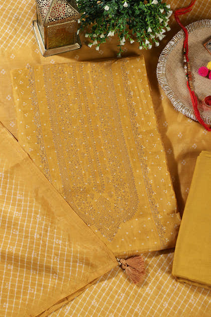 Mustard Zari Woven And Bandhani Printed Silk Unstitched Suit Fabric
