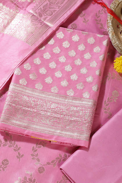 Pink Silk Zari Woven Unstitched Suit Fabric