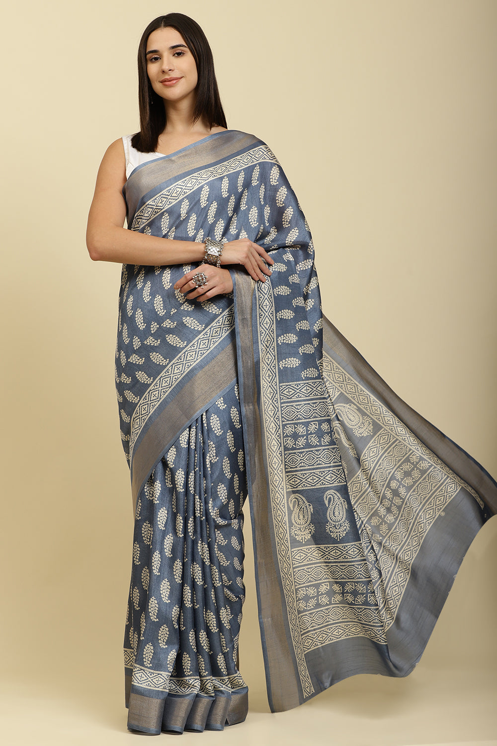 Blue Color Cotton Silk Boota Printed And Zari Woven Saree